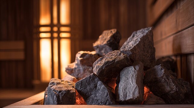 soapstone. Interior of a traditional Finnish sauna with soapstone rocks. travel magazines, destination branding, wall prints, designed for travel destination branding, used by biotech researchers.