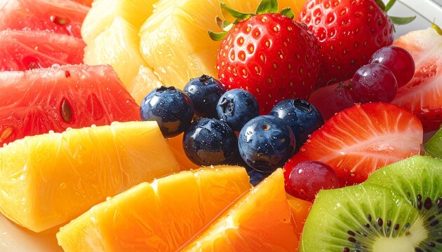 vibrant fresh fruit platter with watermelon, pineapple, strawberries, and kiwi on wooden board