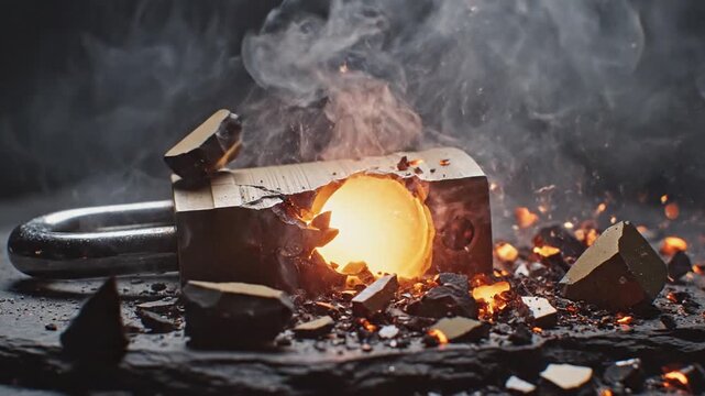Padlock being destroyed by powerful explosion with bright sparks