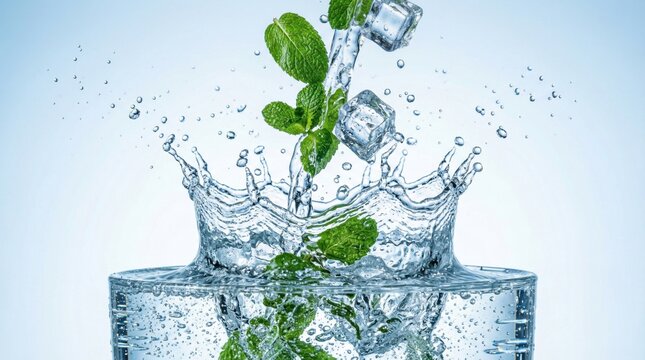 Fresh Green Mint Leaves and Ice Cubes Falling into Glass of Water with Dynamic Splash, Refreshing Beverage Concept on Light Blue Background