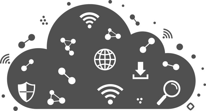 Network cloud silhouette with connectivity and security symbols