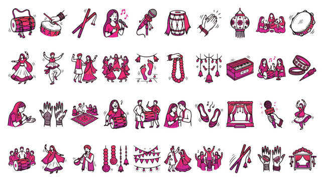 Pakistani Wedding Celebration Icon Set in Doodle Style. A collection of Culture Linear Icons, including dhol, henna, bhangra, doli, mehndi, music, dance, jewelry, bride, groom