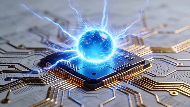 Electronic circuit board with glowing blue energy sphere and lightning
