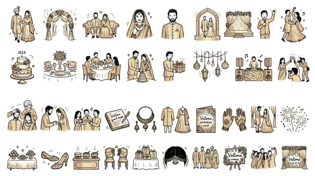 Pakistani Valima Wedding Set in Sketch Style. A collection of Pakistani Marriage Linear Icons, including bride, groom, reception, invitation, sherwani, lehenga, cake, jewelry, food