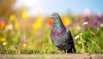 Fototapeta premium A lone pigeon stands proudly in a vibrant field of wildflowers under the warm sun.