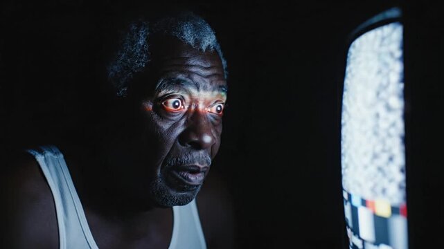Shocked Senior Man Watching Static on Retro Television at Night