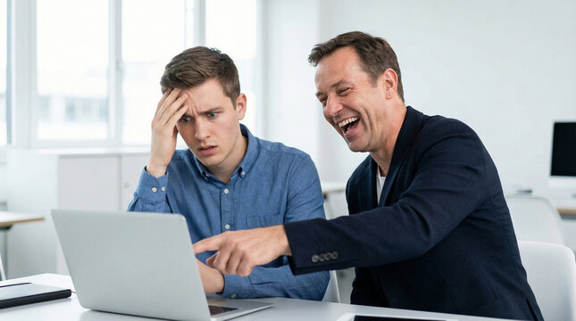 Manager Laughing While Employee Looks Stressed in Modern Office