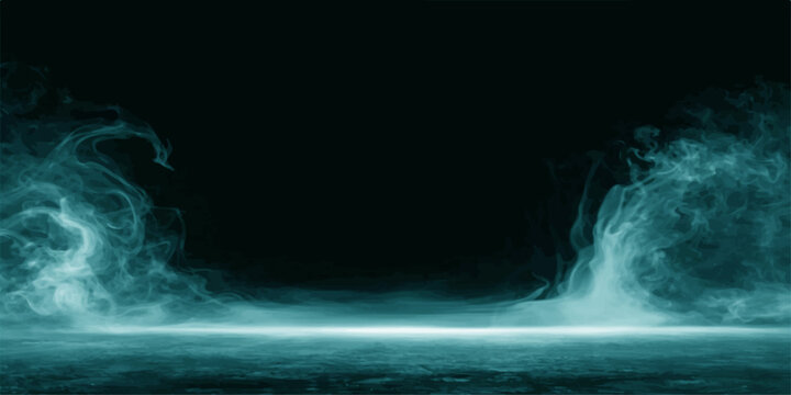 Abstract blue smoke and white water splash motion create a dark texture of fire and ice against a black background