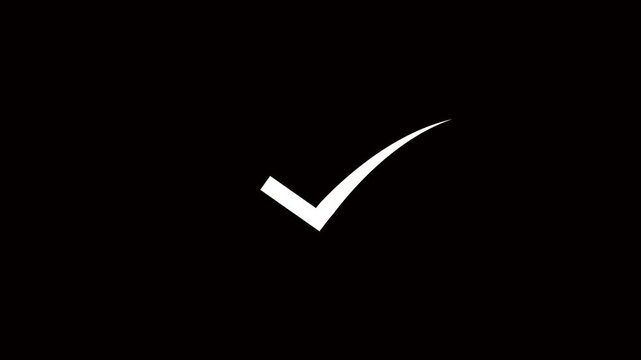 Minimalist white checkmark animation on black background, smooth motion symbol for success, approval, and task completion