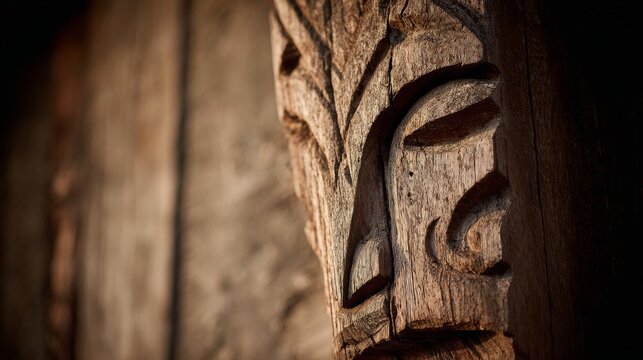 Intricate wood carving of a stylized effigy face with tribal markings, showcasing ancient artistic craftsmanship.