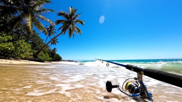 Fishing rod on a tropical beach with palm trees and ocean view