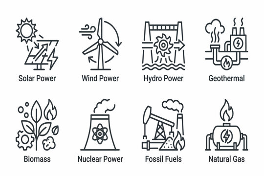 Various renewable and non-renewable energy sources icons displayed together
