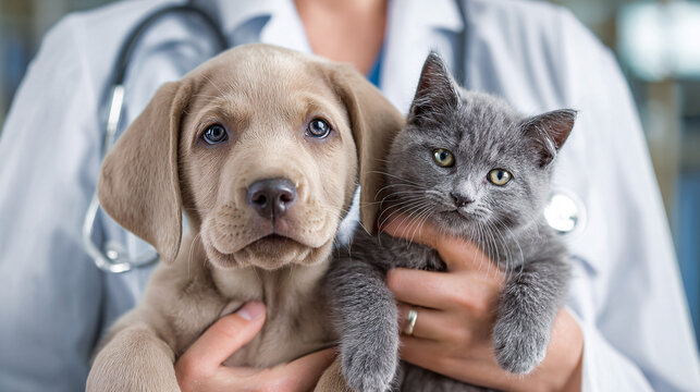 Caring vet holds cute puppy and kitten, pet health concept