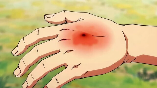 Bee sting on swollen hand with a red irritated spot, showing a localized skin reaction and visible inflammation after an insect sting.