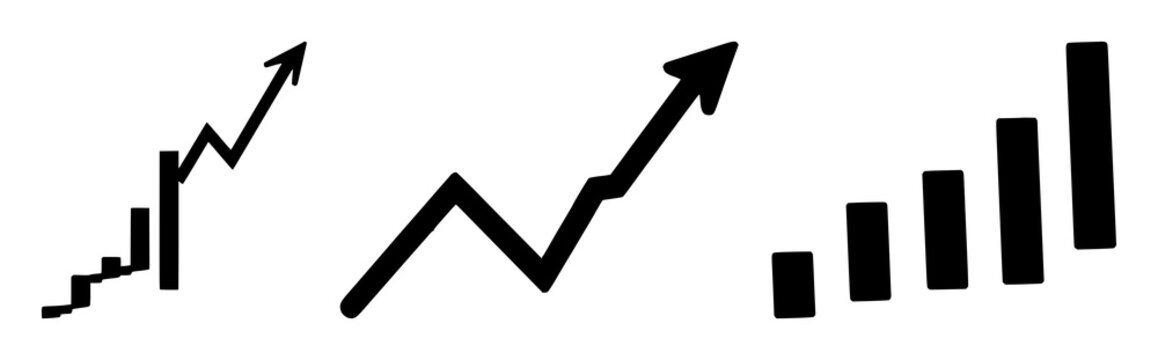 Stock candlestick chart icon set with upward trend silhouette against white backdrop featuring finance, trading, markets with line art and minimalist design