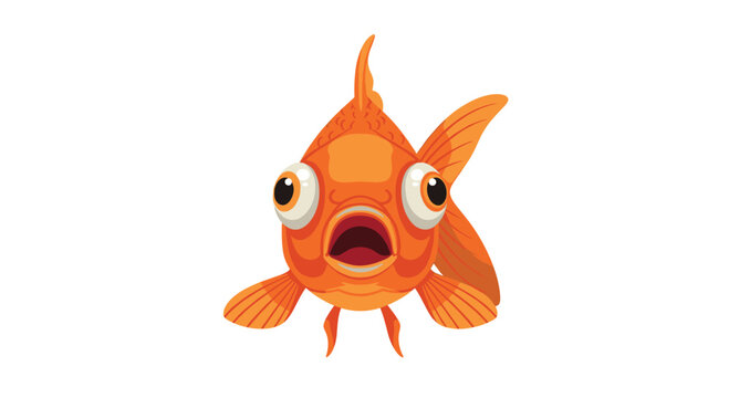 A cheerful orange cartoon goldfish with symmetrical fins and a gaping surprised mouth stares directly forward against a clean and bright white backdrop.