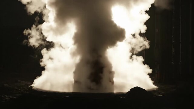 A dramatic plume of white steam erupts from a dark circular pit, with faint reddish glow visible within the smoke, industrial or volcanic atmosphere
