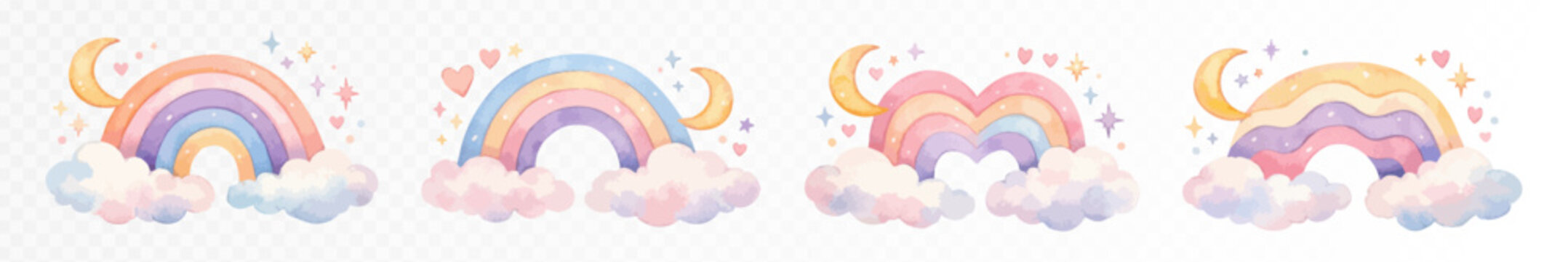 Collection of dreamy night rainbow illustrations with moon, stars, hearts and fluffy clouds, whimsical nursery clipart set in soft hand painted pastel style. Vector illustration.