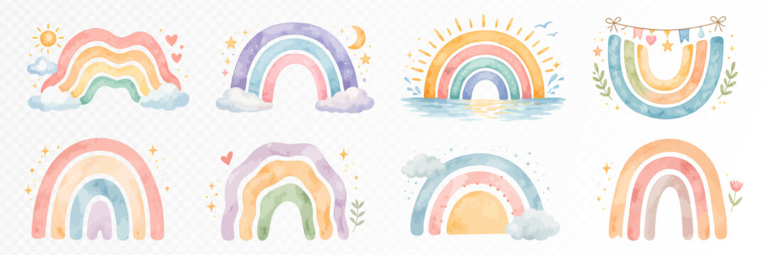 Collection of large pastel rainbow illustrations with clouds, hearts, moon and festive bunting, dreamy nursery clipart set in playful hand painted watercolor style. Vector illustration.