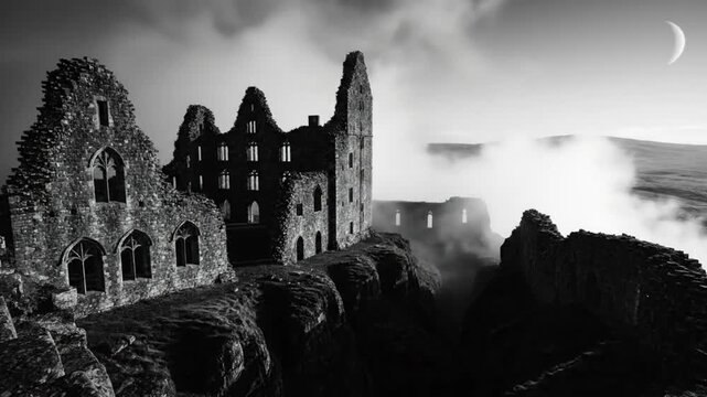 Spooky ruined castle on cliff edge at night with a crescent moon above misty clouds and a dark foreboding mood