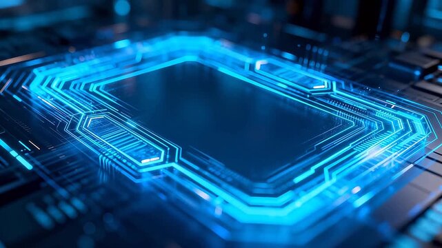 Blue neon polygonal frame structure with circuit patterns in dark space