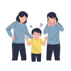Fototapeta premium Confused Child Between Two Worried Parents, Family Conflict, Stress, Anxiety