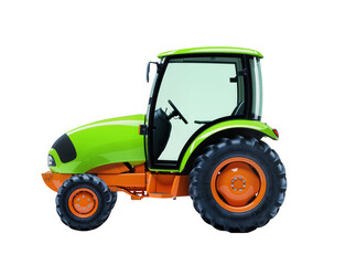 Obraz premium Isolated vibrant green and orange compact farm tractor for agriculture and rural property maintenance