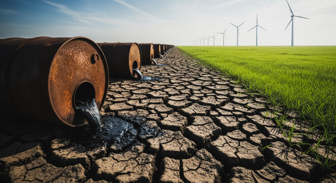 Environmental Pollution Concept with Leaking Oil Barrels on Cracked Earth and Wind Turbines in Green Field