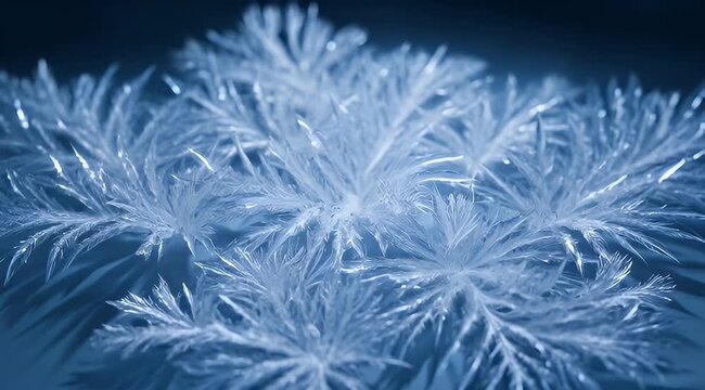 Close up image of delicate, intricate, feathery frost patterns in cool blue hues
