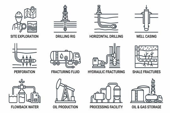 Oil rigs drilling horizontally in a processing facility with workers nearby