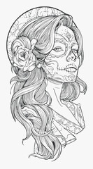 Fototapeta premium Beautiful woman with sugar skull makeup and flower, intricate line art design