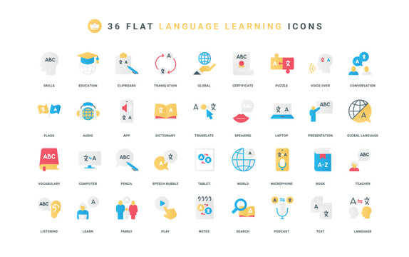 English and foreign language learning, dictionary book and vocabulary app, education color icon set. speech bubbles of multilingual dialogue, interpreters service flat elements vector illustration