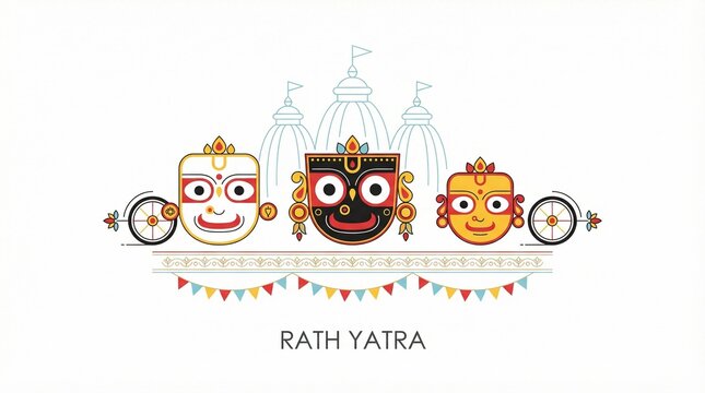 Rath yatra minimal illustration of jagannath balabhadra subhadra with traditional chariot in warm festive background for indian cultural celebration greeting banner and spiritual design