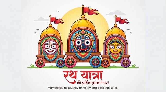 Rath yatra colorful chariot illustration with jagannath balabhadra subhadra in bright festive style under glowing sun for indian celebration greeting banner and spiritual cultural design