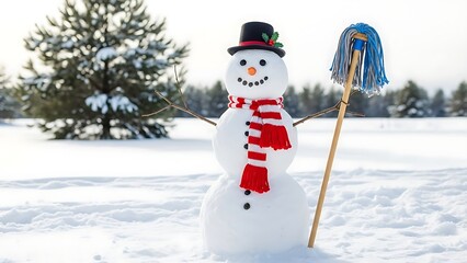 Fototapeta premium Snowman with hat and scarf stands in snowy winter landscape