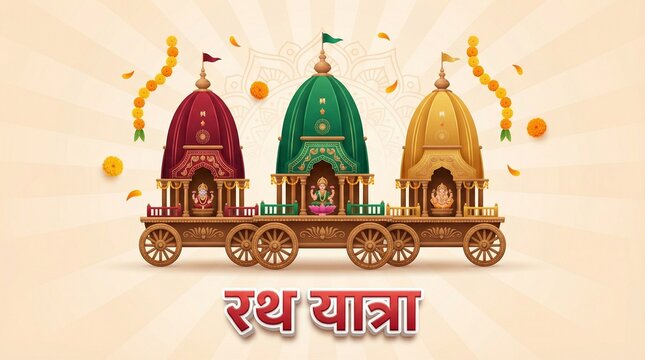 Rath yatra decorative chariot illustration with traditional temple carts in radiant festive background for indian cultural celebration banner design spiritual artwork and event promotion
