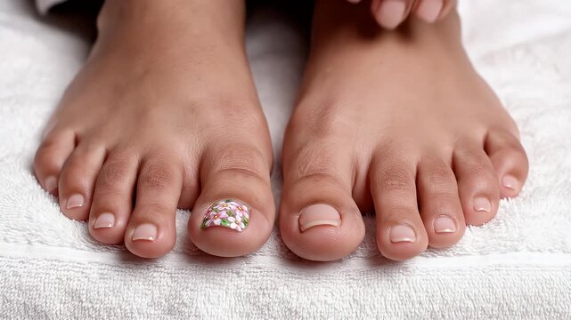 Close Up Overhead View Of Perfectly Manicured Bare Feet With Decorative Toe Nail Art And Clean White Towel Background Soft Natural Lighting And Detailed Skin Texture