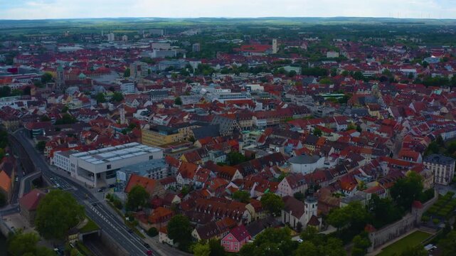 Aerial view of the old town of the city Schweinfurt in Germany, Bavaria on a late spring afternoon