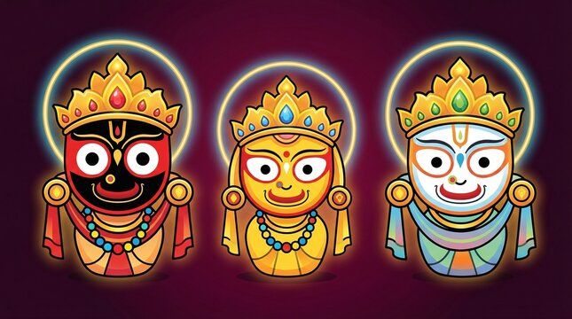 Jagannath balabhadra subhadra colorful deity illustration with glowing aura in vibrant background for indian festival greeting design devotional artwork and cultural branding use