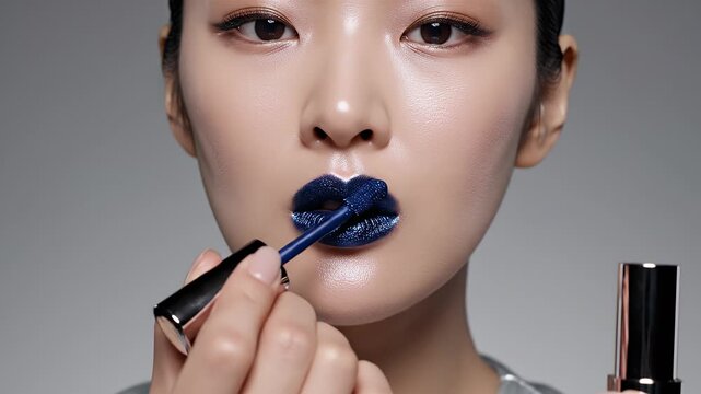 Close Up Portrait of an Asian Woman Applying Shimmering Dark Blue Glitter Lipstick With a Golden Tube Applicator on a Grey Seamless Studio Background with Soft Dramatic Lighting Highlighting Her Face