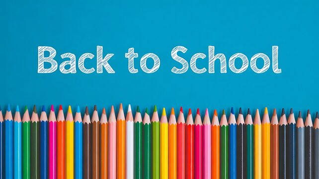Back to school text with colorful pencils arranged on blue background education concept