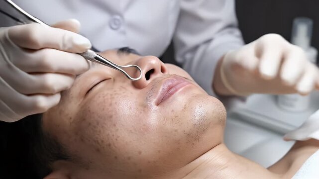 Close up Professional Dermatologist Performing Facial Extraction on Man with Acne Scars and Blemishes Gentle Cleaning with Cotton Pad and Specialized Tools in a Brightly Lit Modern Clinic with