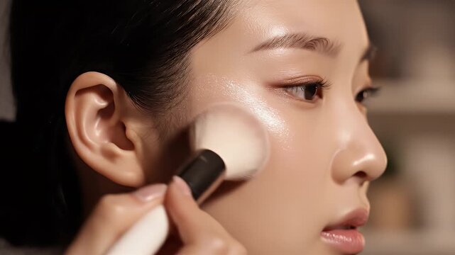 Close up Profile of a Young Woman Applying Shimmering Makeup with a White Brush on Her Cheekbone During a Soft Light Session Illuminated by Warm Natural Light in a Minimalist Interior With a Slightly