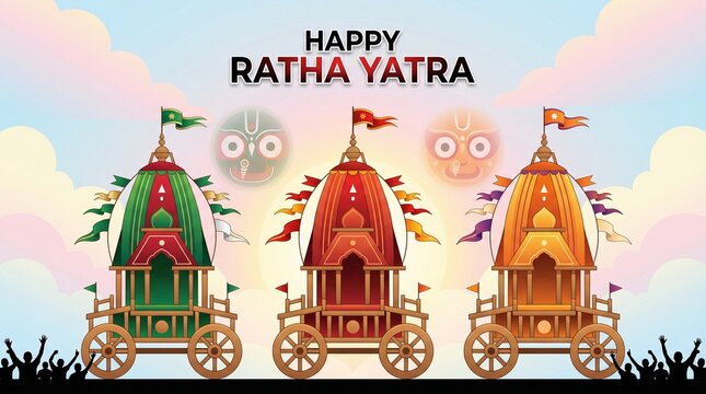 Ratha yatra colorful chariot procession illustration with festive crowd silhouette and glowing sky background for indian cultural celebration banner design devotional artwork commercial use