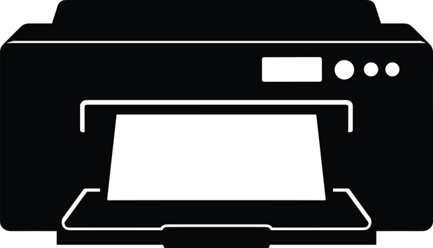 Minimal vector silhouette, printer device front view, paper output tray and control panel, solid black, isolated on white background.