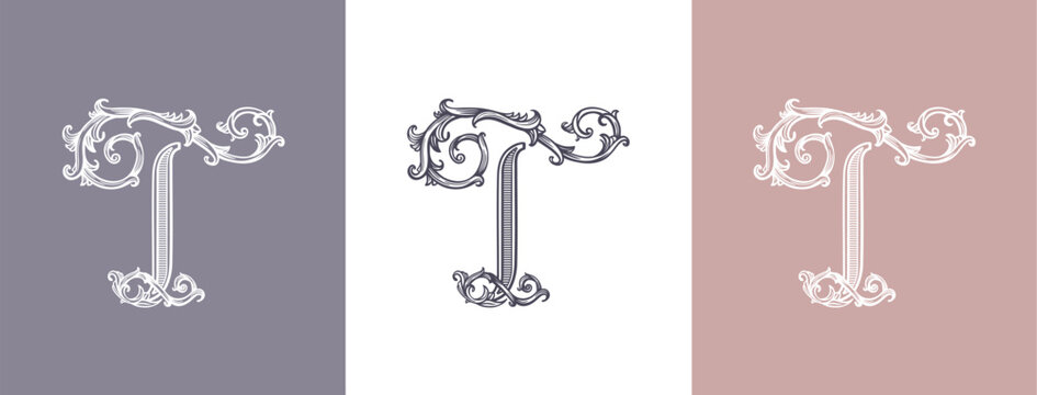 Luxury logo monogram letter T in vintage ornamental style with decorative elements. Ideal for branding, business and premium identity.