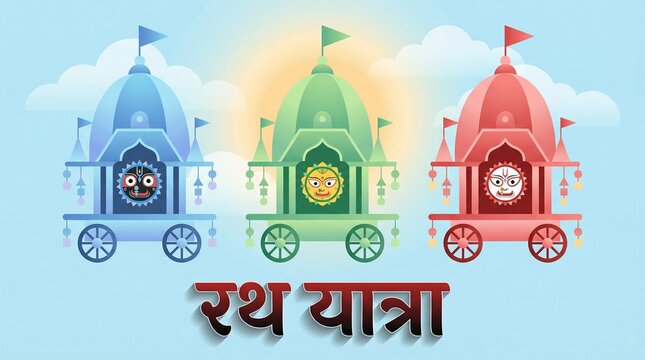 Rath yatra colorful chariot procession illustration with jagannath balabhadra subhadra icons on moving carts in festive sky background for indian cultural celebration design commercial use