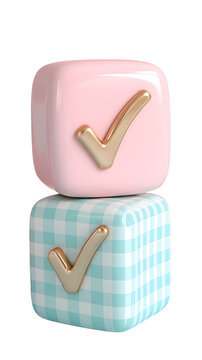 Two glossy cubes stacked vertically, one pink and one blue with a checkered pattern, each featuring a gold checkmark on the front face.