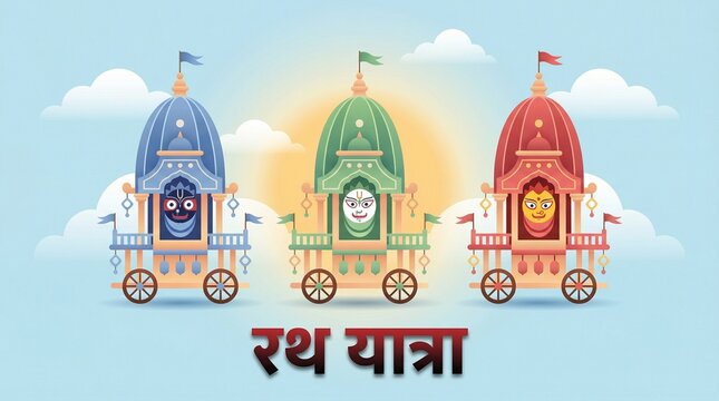 Rath yatra chariot illustration with decorative temple cart and floral elements on soft background for indian festival greeting design spiritual celebration artwork and branding use