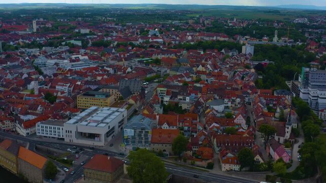 Aerial view of the old town of the city Schweinfurt in Germany, Bavaria on a late spring afternoon